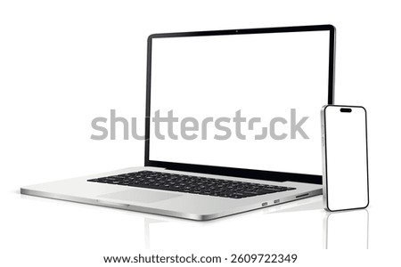 Laptop computer and mobile phone mockup. Digital devices screen template.