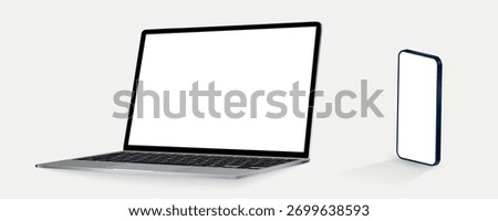 Laptop computer and mobile phone mockup. Digital devices screen template.