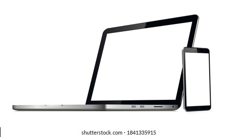 Laptop computer and mobile phone mockups isolated on white background
