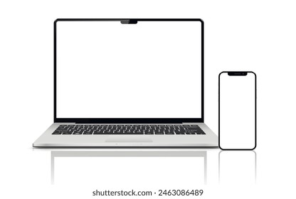 Laptop computer and mobile phone mockups isolated on white background