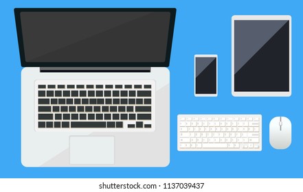 Laptop computer, mobile phone, tablet, computer keyboard, vector illustration