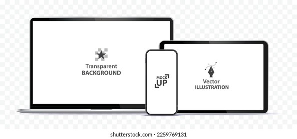 Laptop Computer, Mobile Phone and Tablet PC Mockup. Digital devices screen template vector illustration with transparent background.