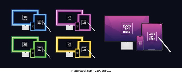 Laptop Computer, Mobile Phone and Tablet PC Mock up.  Abstract smart device gloving in dark. Realistic high-detailed technology devices set.  Vector illustration.