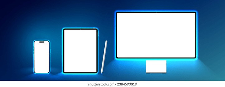 Laptop Computer, Mobile Phone and Tablet PC Mock up. Abstract smart device glowing in dark. Realistic high-detailed technology devices set. Vector illustration.