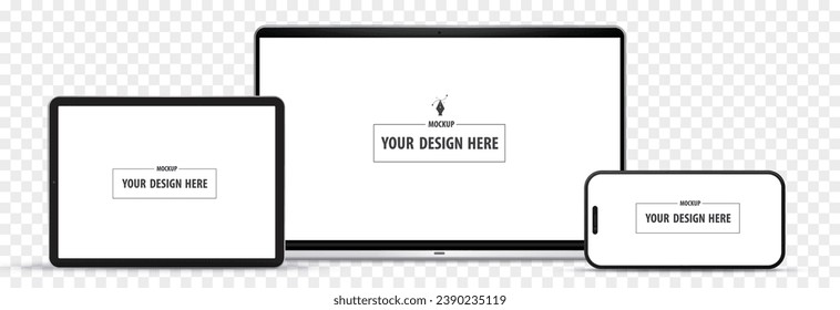 Laptop Computer, Mobile Phone and Tablet PC Vector Mockup Illustration. Digital devices with horizontal screens isolated on transparent background.