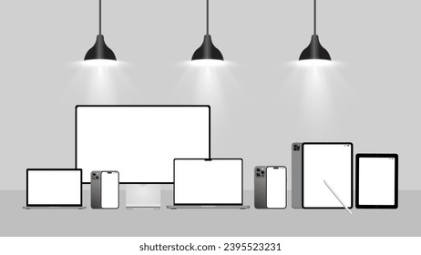 Computadora portátil, teléfono móvil y maqueta de Tablet PC. Resumen del dispositivo inteligente bajo la lámpara. Aparatos tecnológicos realistas de alto detalle. Ilustración vectorial.