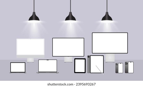 Laptop Computer, Mobile Phone and Tablet PC Mock up. Abstract smart device under the lamp. Realistic high-detailed technology devices set and collection. Vector illustration.