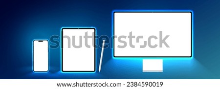 Laptop Computer, Mobile Phone and Tablet PC Mock up. Abstract smart device glowing in dark. Realistic high-detailed technology devices set. Vector illustration.