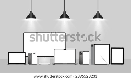 Laptop Computer, Mobile Phone and Tablet PC Mock up. Abstract smart device under the lamp. Realistic high-detailed technology devices set. Vector illustration.