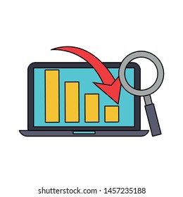 laptop computer mobile technology analyzing graphics with magnifying glass cartoon vector illustration graphic design