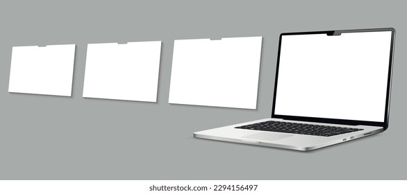 Laptop computer mockup with blank wireframing pages. Concept for showcasing web-design projects.