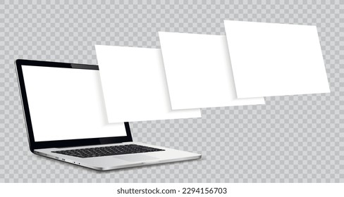 Modelación de la computadora portátil con páginas de encuadernación telefónica en blanco aisladas en fondo transparente. Concepto para mostrar proyectos de diseño web.