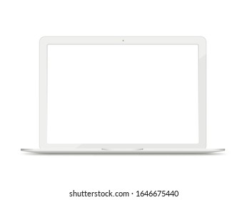 La burla de los ordenadores portátiles aislada en fondo blanco. PC portátil, moderno dispositivo electrónico con pantalla en blanco o pantalla, lugar para publicidad, promoción. Vista frontal. Ilustración vectorial realista.