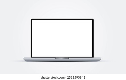 Laptop computer mockup with white screen. Computer notebook with empty screen. Laptop isolated with blank desktop display mock up. Modern gray Pc vector background.