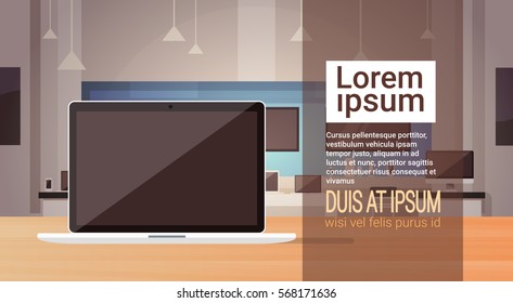 Laptop Computer Modern Electronics Store Shop Interior Banner with Copy Space Vector Illustration