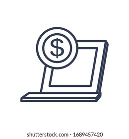 laptop computer with money coin icon over white background, line style, vector illustration