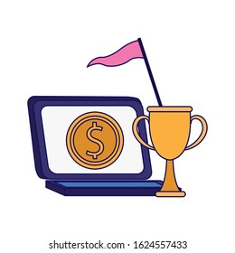 laptop computer with money coin and trophy cup over white background, colorful design, vector illustration