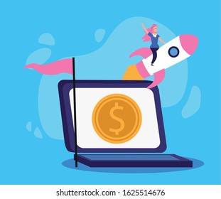 laptop computer with money coin and woman on rocket over blue background, colorful design, vector illustration