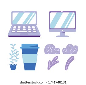 laptop computer monitor device technology coffee cup plants icons vector illustration