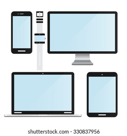 Laptop, computer monitor, digital tablet, phone and smart watch. Vector icon set of modern electronic devices for your design