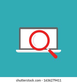 laptop, computer monitor with red magnifier glass. isolated on white. Flat vector simple icon. Internet search symbol. Good for web and mobile design.   See site