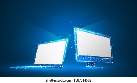 Laptop and computer monitors composed of polygons. Electronic devices with white screen. Abstract, digital, wireframe, low poly mesh vector blue neon 3d illustration. Triangles, lines, dots, stars
