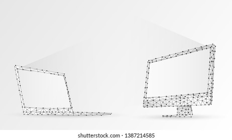 Laptop and computer monitors composed of polygons. Electronic devices with white screen. Abstract, digital, wireframe, low poly mesh vector white origami 3d illustration. Triangles, lines, dots, stars