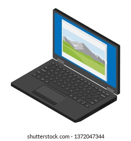 Laptop computer with mountain landscape photo on desktop isometric view isolated on white background. High quality photo 