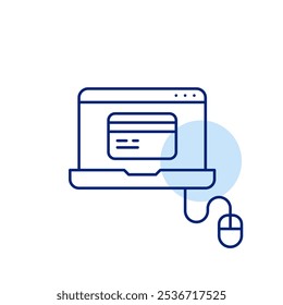 Laptop with computer mouse and credit card on screen. Secure online shopping. Pixel perfect vector icon