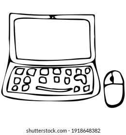 Ratón portátil y de computadora en estilo doodle. Ilustración vectorial del aislamiento sobre un fondo blanco en un estilo dibujado a mano.