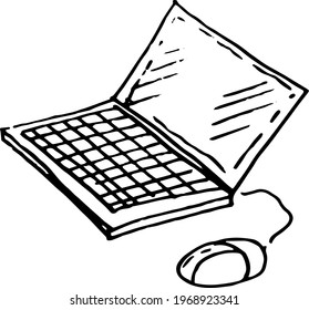 Laptop computer laptop mouse doodles office work from home graphic illustration hand-drawn sketch.Workplace separately on a white background