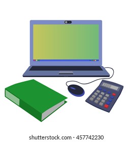 laptop with a computer mouse, a green office folder for the files, calculator with red and blue buttons for office work and business