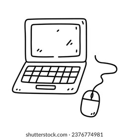 Laptop with computer mouse isolated on white background. Vector hand-drawn illustration in doodle style. Perfect for logo, decorations, various designs.