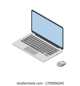 Laptop And Computer Mouse Isometric Vector Illustration Isolated On White Background.