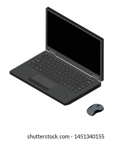 Laptop and computer mouse isometric view isolated on white background