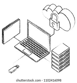 laptop computer with network isometric icons