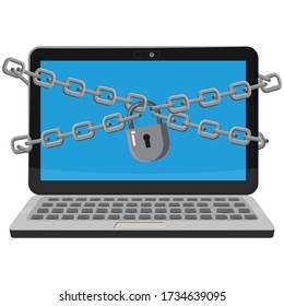 Laptop computer notebook are bound with chains and locked with a padlock. Hacking user data security concept. Vector illustration isolated banner template