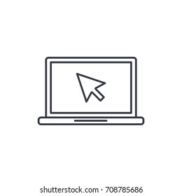 Laptop Computer, Notebook And Cursor Click Thin Line Icon. Linear Vector Illustration. Pictogram Isolated On White Background