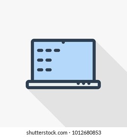 laptop computer, notebook thin line flat color icon. Linear vector illustration. Pictogram isolated on white background. Colorful long shadow design.