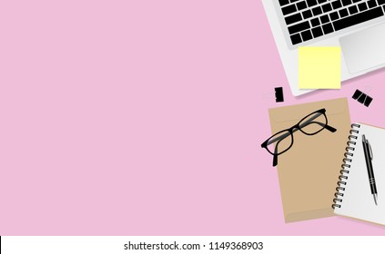 Laptop computer with office supplies on pink color background with copy space, top view. Vector illustration