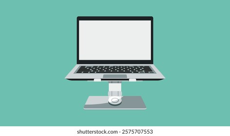 	
laptop computer on adjustable stand with white blank empty display screen for copy space and text on workplace, flat vector illustration design