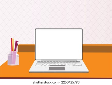 laptop computer on the desk with white blank empty display screen for space on workplace, cartoon laptop vector flat illustration