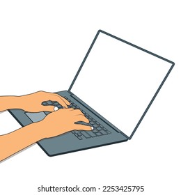 laptop computer on the desk with white blank empty display screen for space on workplace, cartoon laptop vector flat illustration