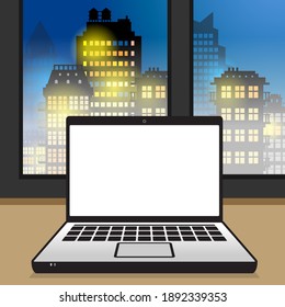 Laptop computer on table at window, night city skyline, business concept with empty screen, vector illustration