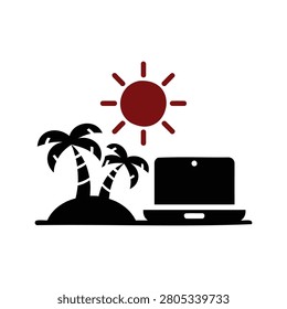Laptop computer on tropical island with palm trees and sunny weather outside