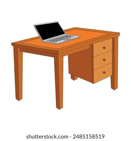 Un ordenador portátil en una Ilustración vectorial de madera. Gráfico de Vector EPS 10 editable plano aislado sobre fondo blanco.
