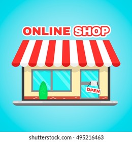 Laptop computer online shop vector flat icon illustration. E-commerce, digital market, online purchase, online shopping, mobile app, for your personal or commercial use concept