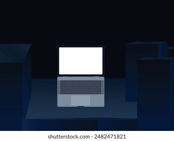 laptop computer with open bright display screen on blue dark background