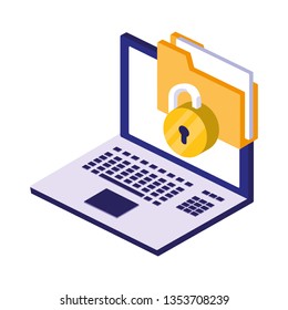 laptop computer with padlock and documents