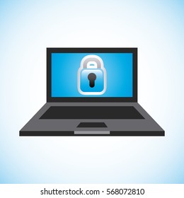 laptop computer with padlock icon over blue background. colorful design. vector illustration
